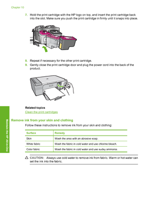 Page 857.Hold the print cartridge with the HP logo on top, and insert the print cartridge back 
into the slot. Make sure you push the print cartridge in firmly until it snaps into place.
8. Repeat if necessary for the other print cartridge. 
9. Gently close the print cartridge door and plug the power cord into the back of the 
product.
Related topics
Clean the print cartridges
Remove ink from your skin and clothing
Follow these instructions to remove ink from your skin and clothing:
SurfaceRemedy
SkinWash the...