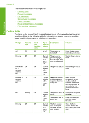 Page 139This section contains the following topics: 
•Flashing lights 
•Product messages 
•File messages 
•General user messages
•Paper messages
•Power and connection messages 
•Print cartridge messages
Flashing lights
The lights on the produch flash in special sequences to inform you about various error 
conditions. Refer to the following table for information on solving your error condition
based on which lights are on or blinking on the product.
On lightResume lightCheckPrint Cartridge lights
PaperSelectio n...