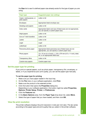 Page 36the Size list to see if a defined paper size already exists for the type of paper you are 
using.
Paper typeSuggested paper size settings
Copier, multi-purpose, or plain papersLetter or A4
EnvelopesAppropriate listed envelope size
Greeting-card papersLetter or A4
Index cardsAppropriate listed card size (if listed sizes are not appropriate, you can specify a custom paper size)
Inkjet papersLetter or A4
Iron-on T-shirt transfersLetter or A4
LabelsLetter or A4
LegalLegal
LetterheadLetter or A4
Panorama...