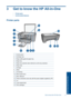 Page 123 Get to know the HP All-in-One
•Printer parts
•Control panel features
Printer parts
15
1Control panel
2Cartridge door
3Paper-width guide for paper tray
4Paper tray
5Paper tray extender (also referred to as the tray extender)
6Paper stop
7Carriage
8Glass
9Lid backing
10Rear access door
11Rear USB port
12Power connection (Use only with the power adapter supplied by HP.)
13Lid
14Load original label
15Print cartridges
Get to know the HP All-in-One 9
Get to know the HP All-in-One
 