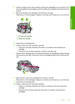 Page 2083.Check to make sure you are using the correct print cartridges for your product. For a 
list of compatible print cartridges, see the printed documentation that came with the 
product. 
4. Remove the black print cartridge from the slot on the right. 
Press down on the cartridge to release it, and then pull it toward you out of the slot.
1Tri-color print cartridge
2Black print cartridge
5. Close the print cartridge door. 
6. Check to see if the error has been resolved. 
• If the error has been resolved,...