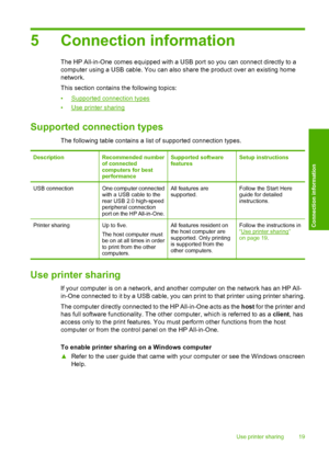 Page 225 Connection information
The HP All-in-One comes equipped with a USB port so you can connect directly to a 
computer using a USB cable. You can also  share the product over an existing home 
network. 
This section contains the following topics: 
•Supported connection types 
•Use printer sharing
Supported connection types
The following table contains a list of supported connection types.
DescriptionRecommended number of connected computers for best performance
Supported softwarefeaturesSetup instructions...