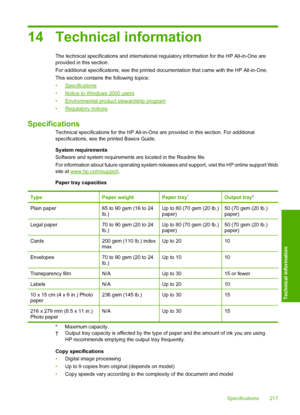 Page 22014 Technical information
The technical specifications and international regulatory information for the HP All-in-One are provided in this section. 
For additional specifications, see  the printed documentation that came with the HP All-in-One. 
This section contains  the following topics: 
•Specifications
•Notice to Windows 2000 users
•Environmental product stewardship program
•Regulatory notices
Specifications
Technical specifications for the HP All-in-One  are provided in this section. For additional...