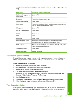 Page 36the Size list to see if a defined paper size already exists for the type of paper you are 
using.
Paper typeSuggested paper size settings
Copier, multi-purpose, or plain papersLetter or A4
EnvelopesAppropriate listed envelope size
Greeting-card papersLetter or A4
Index cardsAppropriate listed card size (if listed sizes are not appropriate, you can specify a custom paper size)
Inkjet papersLetter or A4
Iron-on T-shirt transfersLetter or A4
LabelsLetter or A4
LegalLegal
LetterheadLetter or A4
Panorama...