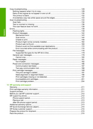 Page 7Copy troubleshooting..............................................................................................................129 
Nothing happens when I try  to copy.................................................................................129 
Parts of the original do no t appear or are cut off..............................................................130 
The printout is blank.........................................................................................................1 32 
A...