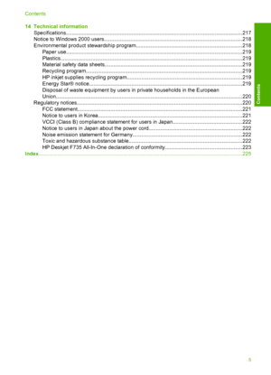 Page 814 Technical information 
Specifications................................................................................................................. ........217 
Notice to Windows 2000 user s...............................................................................................218 
Environmental product stewar dship program.........................................................................218 
Paper...