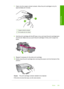 Page 2127.Clean only the copper-colored contacts. Allow the print cartridges to dry for 
approximately ten minutes.
1Copper-colored contacts
2Ink nozzles (do not clean)
8. Hold the print cartridge with the HP logo on top, and insert the print cartridge back 
into the slot. Make sure you push the print cartridge in firmly until it snaps into
place.
9. Repeat if necessary for the other print cartridge. 
10. Gently close the print cartridge door and plug the power cord into the back of the 
product.
Cause: The...
