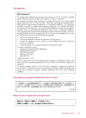 Page 57FCC statement
FCC statement
The United States Federal Communications Commission (in 47 CFR 15.105) has specified 
that the following notice be brought to the attention of users of this product. 
This equipment has been tested and found to comply with the limits for a Class B digital 
device, pursuant to Part 15 of the FCC Rules.  These limits are designed to provide reason-
able protection against harmful interference in a residential installation.  This equipment 
generates, uses and can radiate radio...