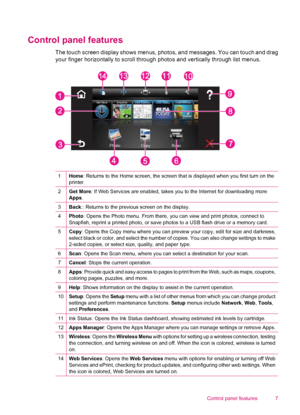 Page 9Control panel features 
The touch screen display shows menus, photos, and messages. You can touch and drag
your finger horizontally to scroll through photos and vertically through list menus.
1Home: Returns to the Home screen, the screen that is displayed when you first turn on the
printer.
2Get More: If Web Services are enabled, takes you to the Internet for downloading more
Apps.
3Back:: Returns to the previous screen on the display.
4Photo: Opens the Photo menu. From there, you can view and print...