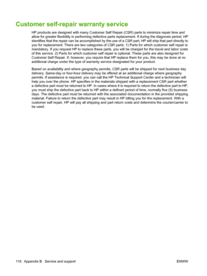 Page 126Customer self-repair warranty service
HP products are designed with many Customer Self Repair (CSR) parts to minimize repair time and
allow for greater flexibility in performing defective parts replacement. If during the diagnosis period, HP
identifies that the repair can be accomplished by the use of a CSR part, HP will ship that part directly to
you for replacement. There are two categories of CSR parts: 1) Parts for which customer self repair is
mandatory. If you request HP to replace these parts, you...