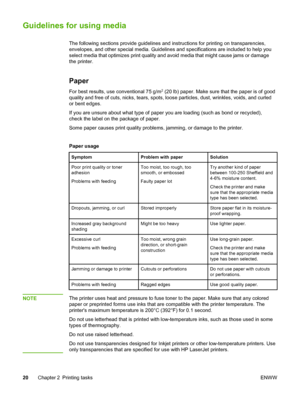 Page 28
Guidelines for using media
The following sections provide guidelines and instructions for printing on transparencies,
envelopes, and other special media. Guidelines and specifications are included to help you
select media that optimizes print quality and avoid media that might cause jams or damage
the printer.
Paper
For best results, use conventional 75 g/m2 (20 lb) paper. Make sure that the paper is of good
quality and free of cuts, nicks, tears, spots,  loose particles, dust, wrinkles, voids, and...