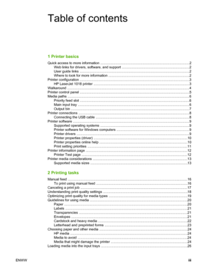 Page 5
Table of contents
1 Printer basics
Quick access to more information .............................................................................................2Web links for drivers, software, and support ................ ......................................... .............2
User guide links ..................... ....................................................... .................................. ....2
Where to look for more information ........................