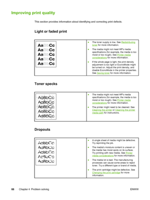 Page 74
Improving print quality
This section provides information about identifying and correcting print defects.
Light or faded print 
●The toner supply is low. See Redistributing
toner  for more information.
● The media might not meet HPs media
specifications (for example, the media is too
moist or too rough). See 
Printer media
considerations  for more information.
● If the whole page is light, the print density
adjustment is too light or EconoMode might
be turned on. Adjust the print density, and
disable...