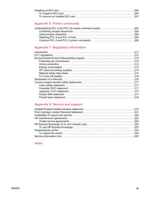 Page 11Installing an EIO card ............................................................................................................200
To install an EIO card ........................................................................\
.............................200
To remove an installed EIO card ..................................................\
..................................201
Appendix E Printer commands
Understanding PCL 6 and PCL 5e printer command syntax...