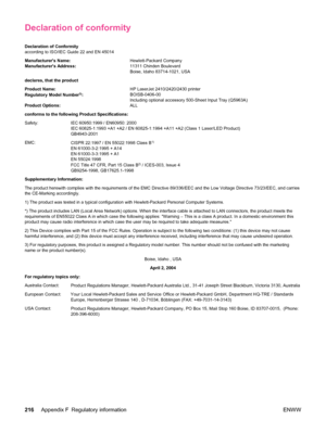 Page 228Declaration of conformity
Declaration of Conformity
according to ISO/IEC Guide 22 and EN 45014
Manufacturers Name:Hewlett-Packard Company
Manufacturers Address: 11311 Chinden Boulevard
Boise, Idaho 83714-1021, USA
declares, that the product
Product Name: HP LaserJet 2410/2420/2430 printer
Regulatory Model Number
3): BOISB-0406-00
Including optional accessory 500-Sheet Input Tray (Q5963A)
Product Options: ALL
conforms to the following Product Specifications:
Safety: IEC 60950:1999 / EN60950: 2000 IEC...