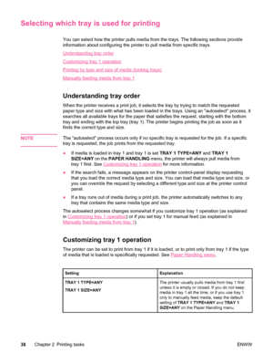 Page 50Selecting which tray is used for printing 
You can select how the printer pulls media from the trays. The following sections provide
information about configuring the printer to pull media from specific trays.
Understanding tray order
Customizing tray 1 operation
Printing by type and size of media (locking trays)
Manually feeding media from tray 1
Understanding tray order
When the printer receives a print job, it selects the tray by trying to match the requested
paper type and size with what has been...