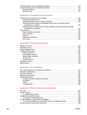 Page 10Troubleshooting common Macintosh problems ....................................................................140
Troubleshooting common PostScript problems ................ ....................................................146
General problems ........................... ................................................................................146
Specific errors ........................................................... ......................................................146
Appendix A...