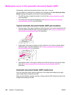 Page 112Media jams occur in the automatic document feeder (ADF) 
Occasionally, media becomes jammed during a copy, scan, or fax job.
You are notified of a media jam by a software error message and the Doc feeder jam Clear,
Reload message that appears on the device control panel display.
●The ADF input tray is loaded incorrectly or is too full. See 
Loading originals to copy for
more information.
●The media does not meet HP specifications. See 
Selecting media for the automatic
document feeder (ADF) for more...