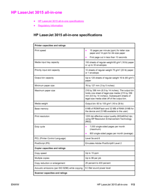 Page 123HP LaserJet 3015 all-in-one
●HP LaserJet 3015 all-in-one specifications
●
Regulatory Information
HP LaserJet 3015 all-in-one specifications
Printer capacities and ratings
Print speed●15 pages per minute (ppm) for letter size
paper and 14 ppm for A4-size paper
●First page out in less than 10 seconds
Media input tray capacity150 sheets of regular-weight 60 g/m2 (16 lb) paper
or up to 30 envelopes
Priority input slot capacity10 sheets of regular-weight 75 g/m2 (20 lb) paper
or 1 envelope
Output bin...