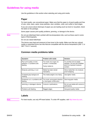 Page 35Guidelines for using media
Use the guidelines in this section when selecting and using print media.
Paper
For best results, use conventional paper. Make sure that the paper is of good quality and free
of cuts, nicks, tears, spots, loose particles, dust, wrinkles, voids, and curled or bent edges.
If you are unsure about what type of paper you are loading (such as bond or recycled), check
the label on the package.
Some paper causes print quality problems, jamming, or damage to the device.
Note
Do not use...