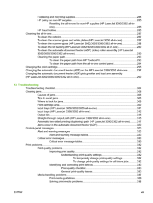 Page 15Replacing and recycling supplies.......................................................................................285
HP policy on non-HP supplies................ ............................................................................285
Resetting the all-in-one for non-HP supplies (HP LaserJet 3390/3392 all-in-
one)................................................. ....................................................... ............285
HP fraud hotline.............