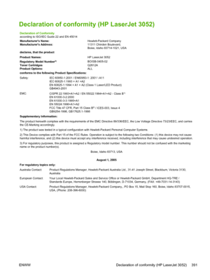 Page 409Declaration of conformity (HP LaserJet 3052)
Declaration of Conformity
according to ISO/IEC Guide 22 and EN 45014
Manufacturers Name:Hewlett-Packard Company
Manufacturers Address: 11311 Chinden Boulevard,
Boise, Idaho 83714-1021, USA
declares, that the product
Product Names: HP LaserJet 3052
Regulatory Model Number
3)BOISB-0405-02
Toner Cartridges Q2612A
Product Options: ALL
conforms to the following Product Specifications:
Safety: IEC 60950-1:2001 / EN60950-1: 2001  A11
IEC 60825-1:1993 + A1 +A2
EN...