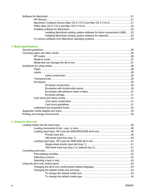 Page 6Software for Macintosh..........................................................................................................................21
HP Director.................... ................................................................ .......................................21
Macintosh Configure Device (Mac OS X V10.3 and Mac OS  X V10.4)...............................21
PDEs (Mac OS X V10.3 and Mac OS X V10.4).. ......................................... ........................22
Installing...