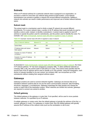 Page 204Subnets
When an IP network address for a particular network class is assigned to an organization, no
provision is made for more than one network being present at that location. Local network
administrators use subnets to partition a network into several different subnetworks. Splitting a
network into subnets can result in better performance and improved use of limited network address
space.
Subnet mask
The subnet mask is a mechanism used to divide a single IP network into several different
subnetworks....