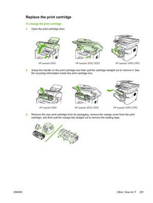 Page 269Replace the print cartridge
To change the print cartridge
1.Open the print-cartridge door.
HP LaserJet 3390/3392
HP LaserJet 3050 HP LaserJet 3052/3055
2.Grasp the handle on the print  cartridge and then pull the cartridge straight out to remove it. See
the recycling information inside the print cartridge box.
HP LaserJet 3390/3392
HP LaserJet 3050 HP LaserJet 3052/3055
3.Remove the new print cartridge from its packaging,  remove the orange cover from the print
cartridge, and then pull the orange tab...