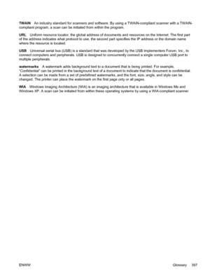 Page 415TWAINAn industry standard for scanners and software.  By using a TWAIN-compliant scanner with a TWAIN-
compliant program, a scan can be initiated from within the program.
URL Uniform resource locator, the global address of documents and resources on the Internet. The first part
of the address indicates what protocol to use, the second  part specifies the IP address or the domain name
where the resource is located.
USB Universal serial bus (USB) is a standard that was developed by the USB Implement\
ers...