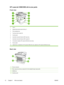 Page 30HP LaserJet 3390/3392 all-in-one parts
Front view
7
9
10
8
1
2
5
4
3
6
1 Tray 2
2 Single-sheet priority input slot (tray 1)
3 Print-cartridge door
4 Top (face-down) output bin
5 Control panel
6 Automatic document feeder (ADF) input tray
7 Automatic document feeder (ADF) output bin
8 Convenience stapler (HP LaserJet 3392 all-in-one only)
9 Power switch
10 Optional tray 3 (standard on HP LaserJet 3392 all-in-one; optional on HP LaserJet 3390 all-in-one).
Back view
14
13
12
11
11Power connector
12Rear...