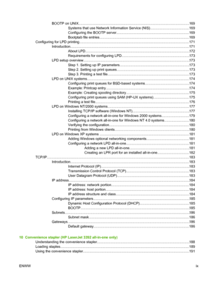 Page 11BOOTP on UNIX.................................................................................................................169
Systems that use Network Information  Service (NIS).......................................169
Configuring the BOOTP server.......... ................................................................169
Bootptab file entries.............. .............................................................................169
Configuring for LPD printing......