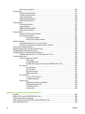 Page 16Performance problems.......................................................................................................339
Fax problems............................................................\
....................................................... ....................341
Problems receiving faxes....................................................................................................341
Problems sending faxes............. ............................................................