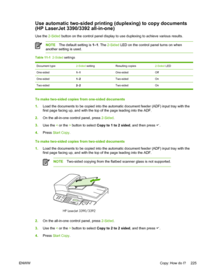 Page 243Use automatic two-sided printing (duplexing) to copy documents
(HP LaserJet 3390/3392 all-in-one)
Use the 2-Sided button on the control panel display to use duplexing to achieve various results.
NOTE The default setting is  1–1. The  2-Sided  LED on the control panel turns on when
another setting is used.
Table 11-1   2-Sided  settings
Document type2-Sided  settingResulting copies2-Sided LED
One-sided1–1One-sidedOff
One-sided1–2Two-sidedOn
Two-sided 2–2Two-sidedOn
To make two-sided copies from one-sided...