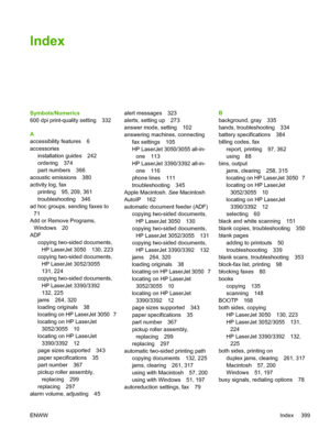 Page 417Index
Symbols/Numerics
600 dpi print-quality setting 332
A
accessibility features 6
accessoriesinstallation guides 242
ordering 374
part numbers 366
acoustic emissions 380
activity log, fax printing 95, 209, 361
troubleshooting 346
ad hoc groups, sending faxes to
71
Add or Remove Programs, Windows 20
ADF copying two-sided documents,HP LaserJet 3050 130, 223
copying two-sided documents,
HP LaserJet 3052/3055
131, 224
copying two-sided documents,
HP LaserJet 3390/3392
132, 225
jams 264, 320
loading...