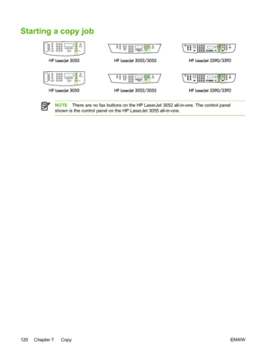 Page 138Starting a copy job
NOTEThere are no fax buttons on the  HP LaserJet 3052 all-in-one. The control panel
shown is the control panel on the HP LaserJet 3055 all-in-one.
120 Chapter 7   Copy ENWW
 