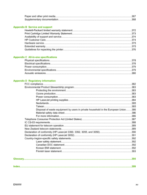 Page 17Paper and other print media...................................................\
.............................................................367
Supplementary documentation.................................................................................................... ........368
Appendix B  Service and support Hewlett-Packard limited warranty statement......................................................\
............................... ..372
Print Cartridge Limited Warranty Statement...............