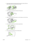 Page 3392.Remove the jam cleanout part. Using both hands, lift up on the two handles until the part
unsnaps. Rotate and lift out the cleanout part and set it aside.
3.Lifting the green lever, rotate the pick mechanism until it stays open.
4.Gently try to remove the page without tearing it. If  you feel resistance, go to the next step.
5.Open the ADF lid and gently loosen the media by using both hands.
6.When the media is free, gently pull it out in the direction shown.
ENWW Clearing jams 321
 