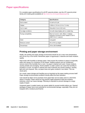 Page 248Paper specifications
For complete paper specifications for all HP LaserJet printers, see the HP LaserJet printer
family print media guide  (available at http://www.hp.com/support/ljpaperguide ).
CategorySpecifications
Acid content5.5 pH to 8.0 pH
Caliper0.094 to 0.18 mm (3.0 to 7.0 mils)
Curl in reamFlat within 5 mm (0.02 inch)
Cut edge conditionsCut with sharp blades with no visible fray.
Fusing compatibilityMust not scorch, melt, offset, or release
hazardous emissions when heated to 200°C
(392°F) for...