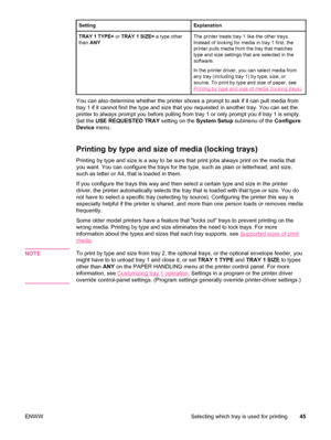 Page 57SettingExplanation
TRAY 1 TYPE= or TRAY 1 SIZE=  a type other
than  ANYThe printer treats tray 1 like the other trays.
Instead of looking for media in tray 1 first, the
printer pulls media from the tray that matches
type and size settings that are selected in the
software.
In the printer driver, you can select media from
any tray (including tray 1) by type, size, or
source. To print by type and size of paper, see
Printing by type and size of media (locking trays) .
You can also determine whether the...