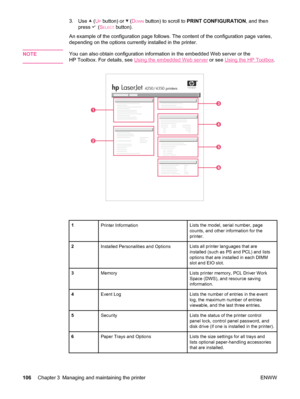 Page 1183.Use  (UP button) or  (DOWN button) to scroll to  PRINT CONFIGURATION , and then
press 
 ( SELECT button).
An example of the configuration page follows. The content of the configuration page varies,
depending on the options currently installed in the printer.
NOTE
You can also obtain configuration information in the embedded Web server or the
HP Toolbox. For details, see 
Using the embedded Web server  or see Using the HP Toolbox.
1
hpLaserJet4250/4350 printers
1
2
3
4
5
6
1Printer InformationLists the...