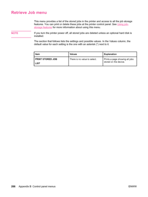 Page 218Retrieve Job menu
This menu provides a list of the stored jobs in the printer and access to all the job storage
features. You can print or delete these jobs at the printer control panel. See 
Using job-
storage features  for more information about using this menu.
NOTE
If you turn the printer power off, all stored jobs are deleted unless an optional hard disk is
installed.
The section that follows lists the settings and  possible values. In the Values column, the
default value for each setting is the one...