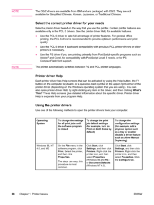 Page 40NOTEThe OS/2 drivers are available from IBM and are packaged with OS/2. They are not
available for Simplified Chinese, Korean, Japanese, or Traditional Chinese.
Select the correct printer driver for your needs
Select a printer driver based on the way that you use the printer. Certain printer features are
available only in the PCL 6 drivers. See the printer driver Help for available features.
● Use the PCL 6 driver to take full advantage of printer features. For general office
printing, the PCL 6 driver...