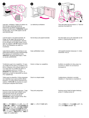 Page 1110 
78
2
9
1
Læg papir i arkføderen. Højden på stakken må 
ikke overstige opfyldningsmærket på 
papirstyrene og stakken forreste kant skal 
justeres i forhold til pilene. FORSIGTIG!
Papiret 
må ikke luftes. Hvis du lufter papiret, kan der 
opstå fejlindføringer.Luk dækslet på arkføderen. Tilslut alle kabler bag på printeren (1). Tænd for 
strømmen til printeren (2).
Laad het papier in de papierinvoerlade. De 
hoogte van de stapel mag niet boven de 
markeringen op de papiergeleiders uitkomen. 
En de...