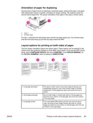 Page 101Orientation of paper for duplexing
Several kinds of paper (such as letterhead, preprinted paper, prepunched paper, and paper
with watermarks) require a specific orientation for duplex printing. The duplexer prints the
second side of paper first. The proper orientation of the paper in the trays is shown below.
1 Tray 1
2 All other trays
For tray 1, load the front side facing down and the top edge toward you. For all other trays,
load the front side facing up and the top edge toward the MFP.
Layout options...