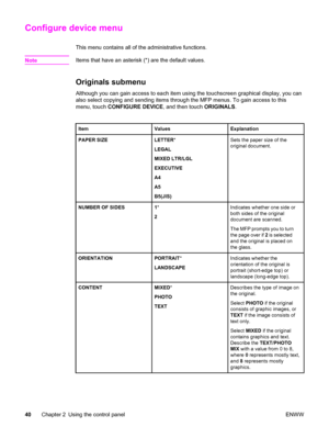 Page 54Configure device menu
This menu contains all of the administrative functions.
Note
Items that have an asterisk (*) are the default values.
Originals submenu
Although you can gain access to each item using the touchscreen graphical display, you can
also select copying and sending items through the MFP menus. To gain access to this
menu, touch  CONFIGURE DEVICE , and then touch ORIGINALS.
ItemValuesExplanation
PAPER SIZELETTER*
LEGAL
MIXED LTR/LGL
EXECUTIVE
A4
A5
B5(JIS)Sets the paper size of the
original...