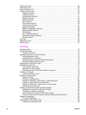 Page 8Retrieve job menu .......................................................................\
............................................35
Information menu ....................... ....................................................................................... ......36
Paper handling menu ..........................................................\
................................................. ...37
Configure device menu .......................... .......................................