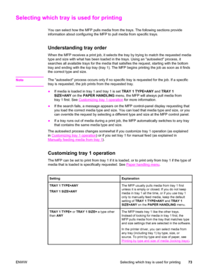 Page 87Selecting which tray is used for printing 
You can select how the MFP pulls media from the trays. The following sections provide
information about configuring the MFP to pull media from specific trays.
Understanding tray order
When the MFP receives a print job, it selects the tray by trying to match the requested media
type and size with what has been loaded in the trays. Using an autoselect process, it
searches all available trays for the media that satisfies the request, starting with the bottom
tray...