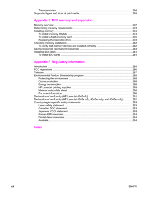 Page 14Transparencies .......................................................................\
........................................264
Supported types and sizes of print media..............................................................................265
Appendix E MFP memory and expansion
Memory overview.........................................................\
....................................................... ...272
Determining memory requirements...