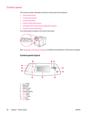 Page 24Control panel
This section provides information about the control panel and its features:
●
Control-panel layout
●
Control-panel buttons
●
Control-panel lights
●
Printing control-panel menus
●
Changing printer-control-panel configuration settings
●
Using the printer Help system
The control panel is located on the front of the printer.
?
See Interpreting control-panel messages  to identify and troubleshoot control-panel messages.
Control-panel layout
?
1
2
3
4
567
8
9
1011
1STOP button
2 Ready light
3...